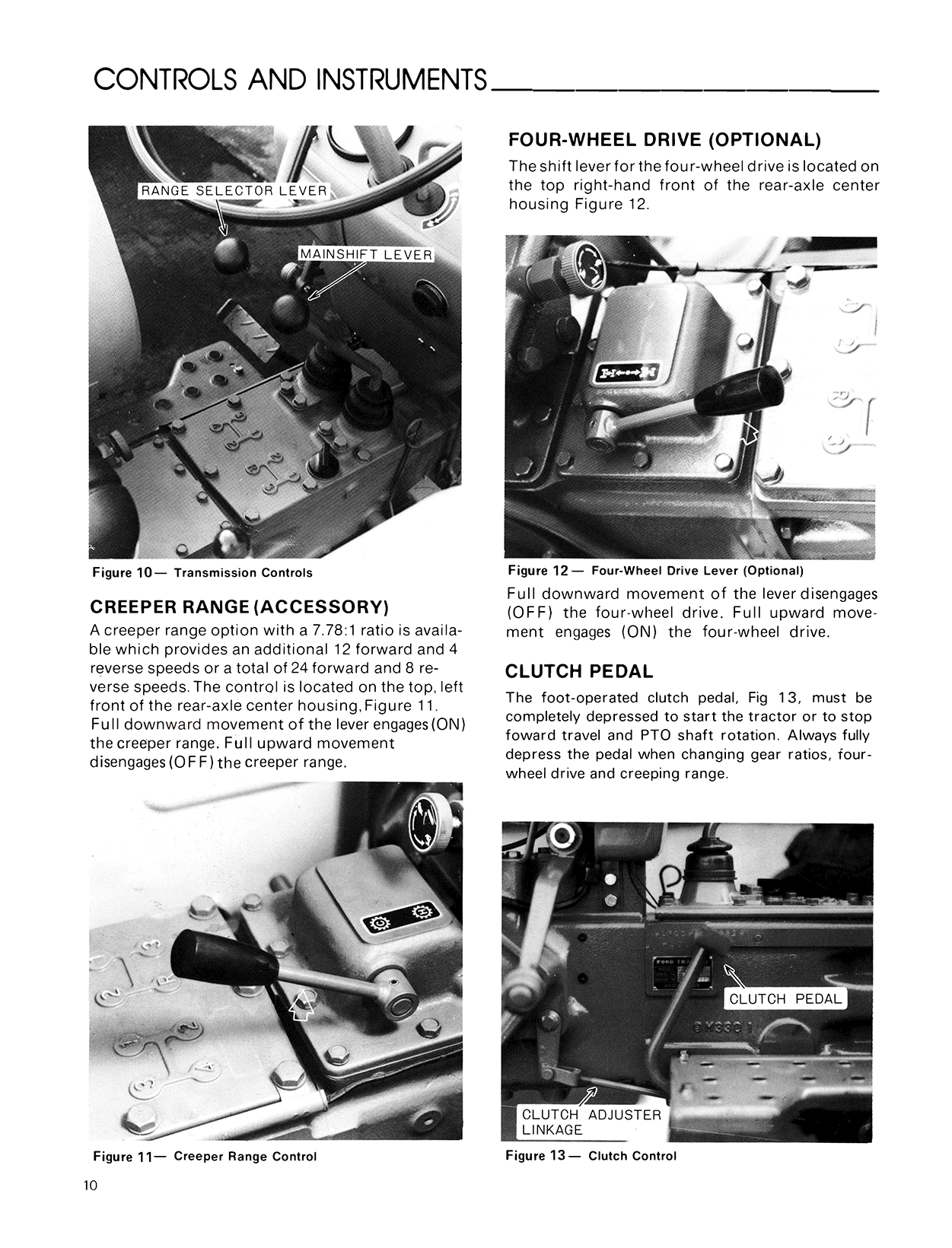Technical manual page on Ford 1700 Tractor controls and instruments with close-up images of shift levers and pedals.