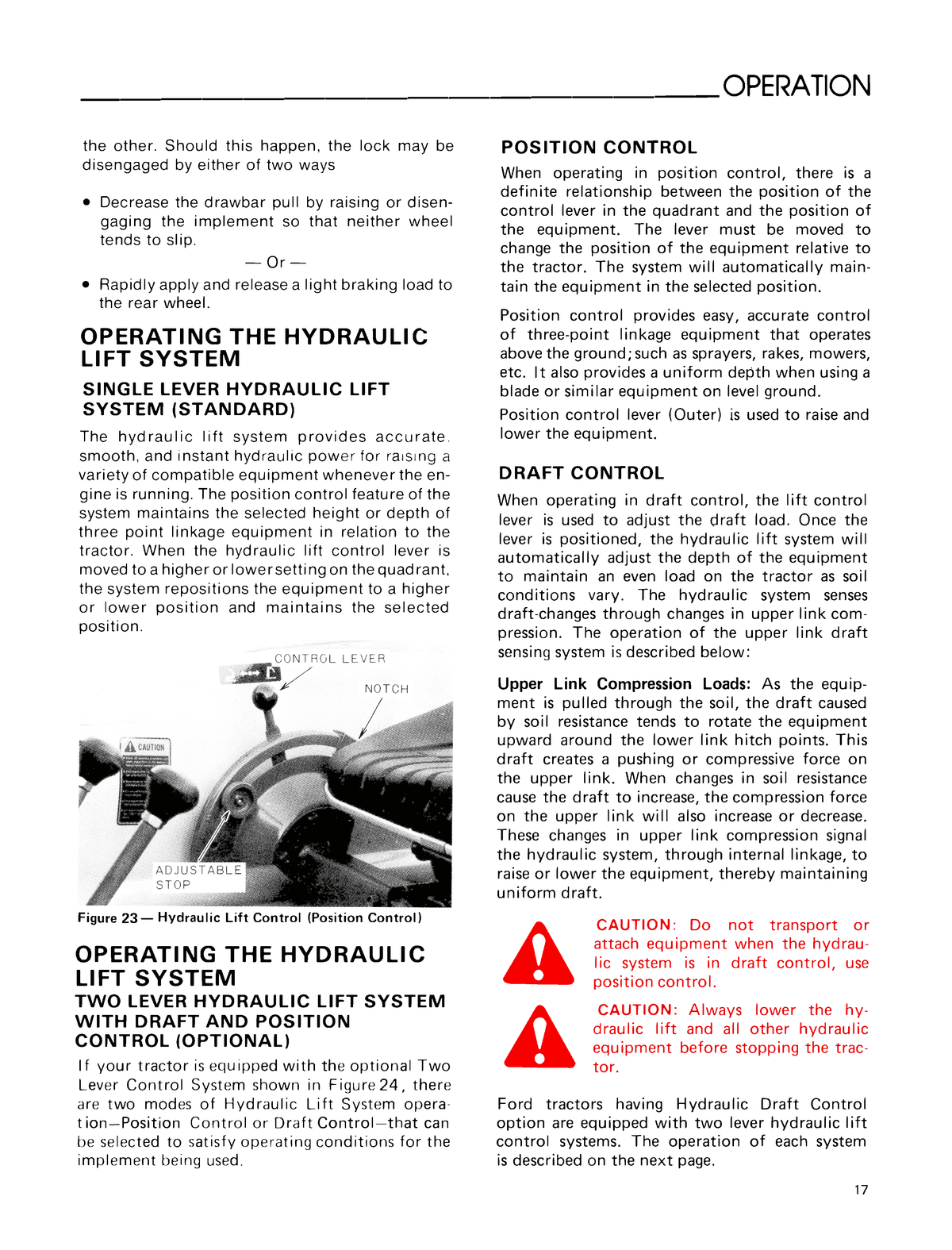 Technical manual page on hydraulic lift system operation with text and diagrams for Ford 1700 tractor
