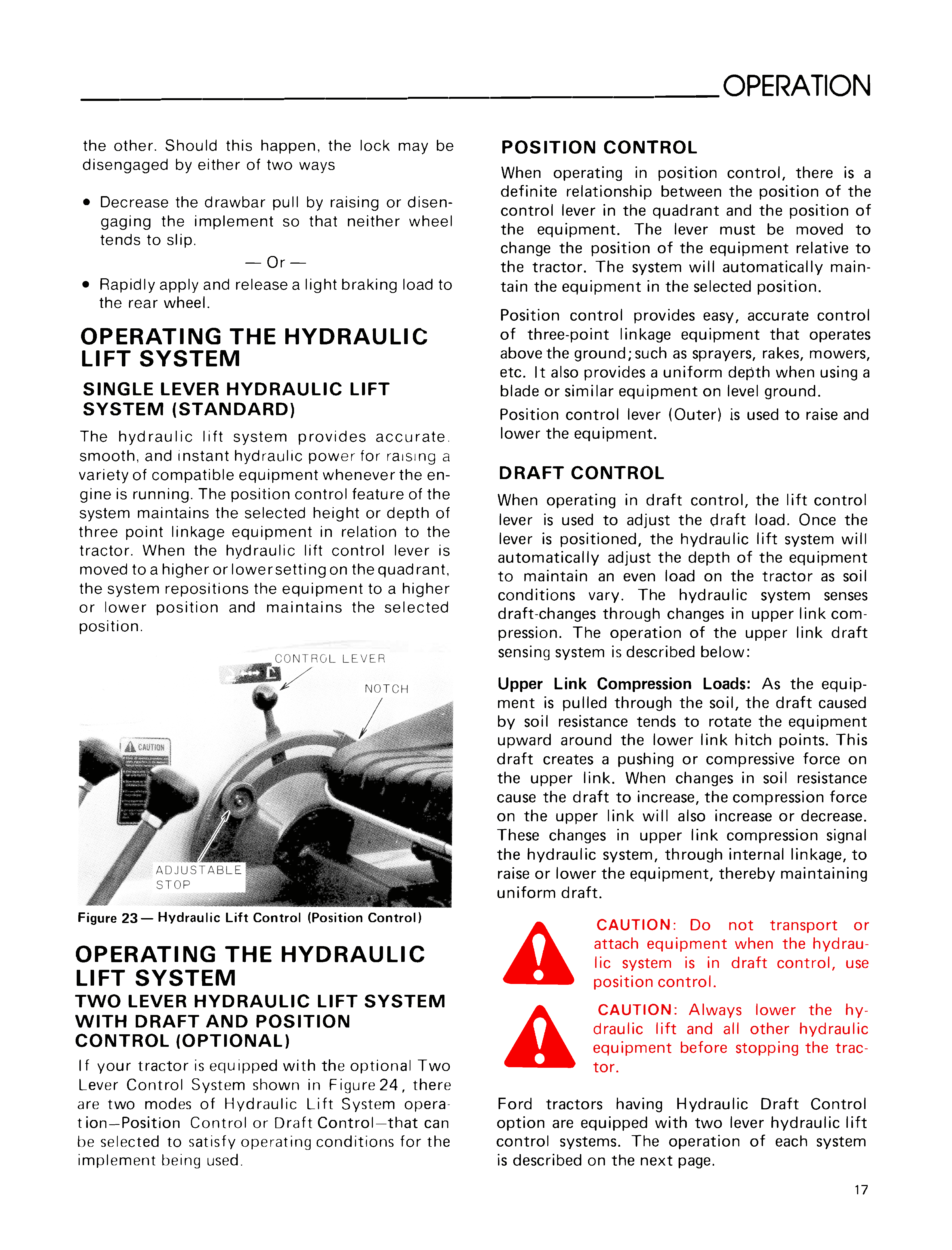 Technical manual page on hydraulic lift system operation with text and diagrams for Ford 1700 tractor
