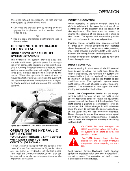 Technical manual page on hydraulic lift system operation with text and diagrams for Ford 1700 tractor