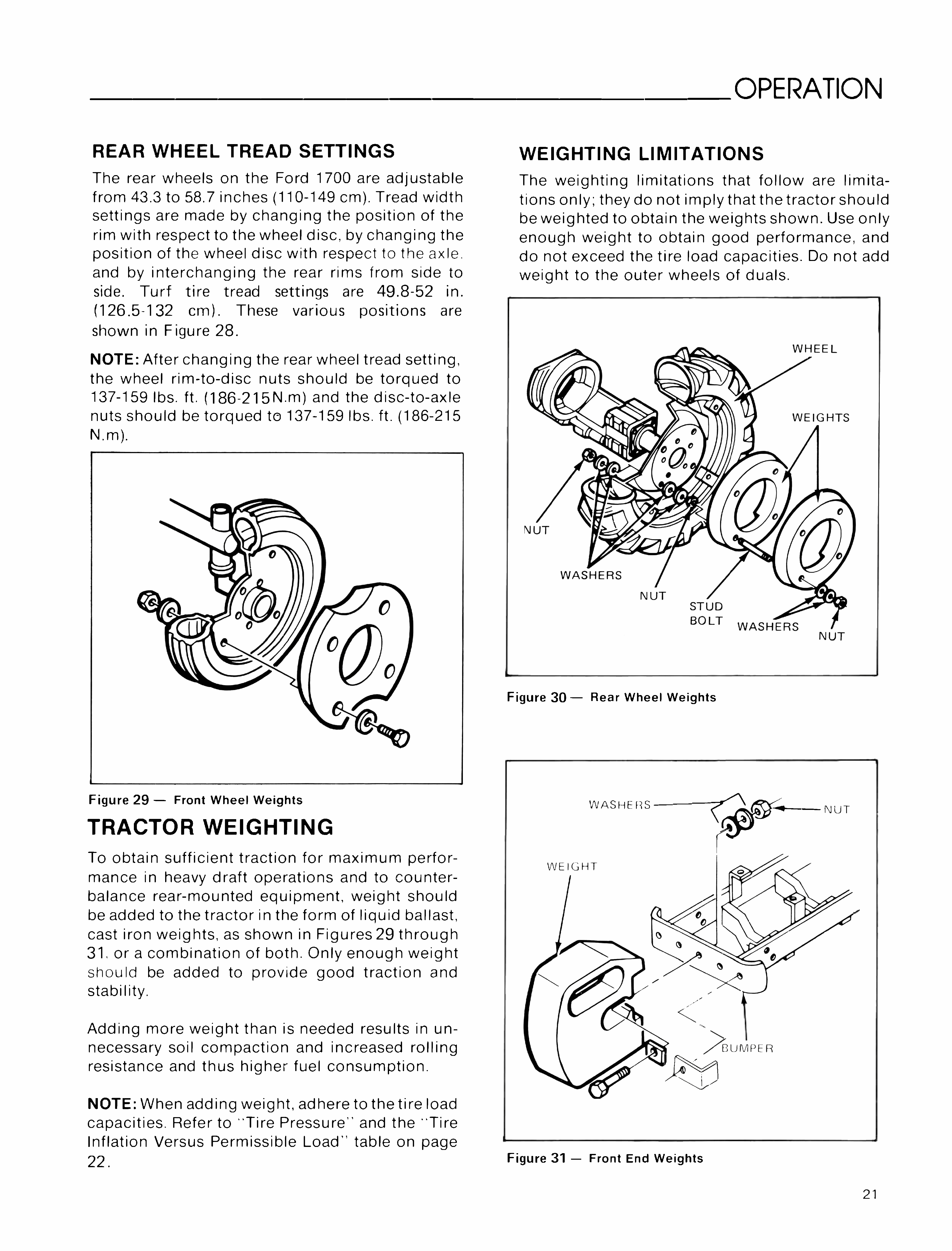 Technical manual page on Ford  tractor 1700 weighing and rear wheel tread settings with diagrams and text.