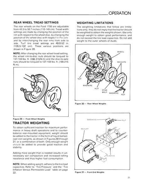 Technical manual page on Ford  tractor 1700 weighing and rear wheel tread settings with diagrams and text.