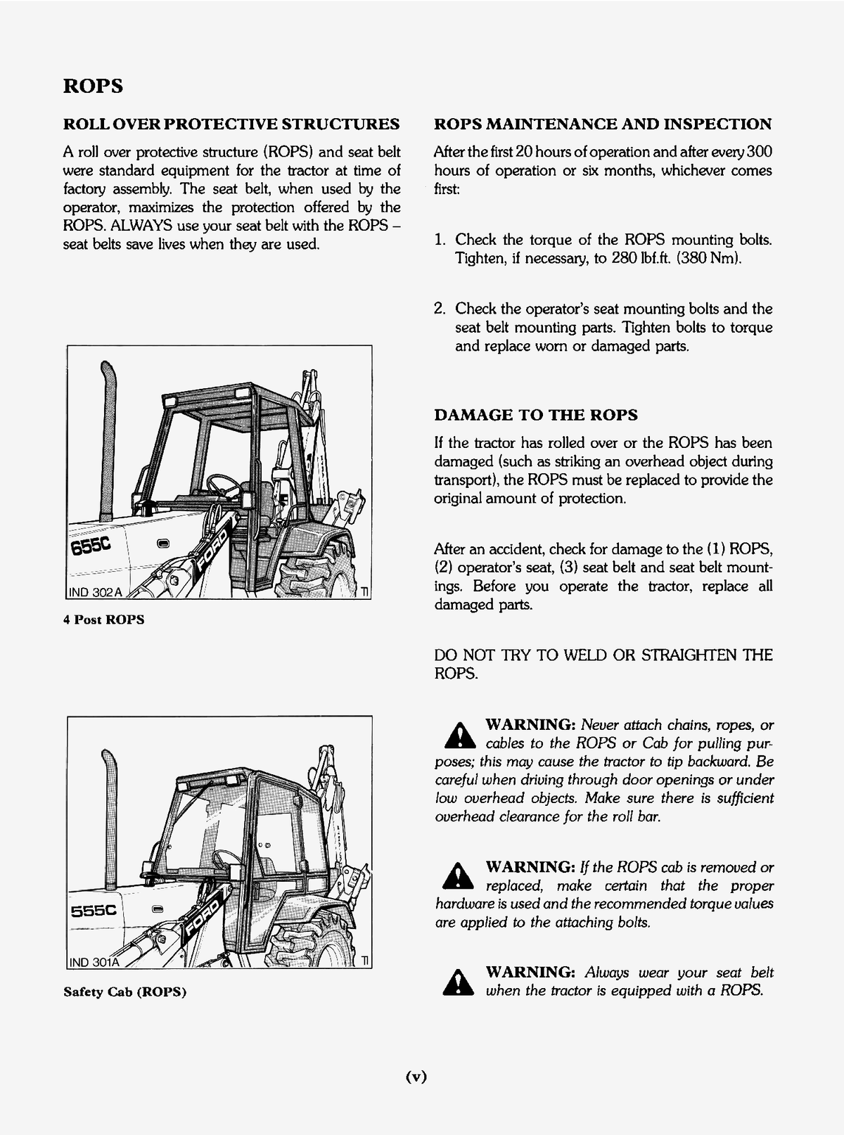 Instructions for roll-over protective structures (ROPS) on a tractor, including maintenance and inspection guidelines.