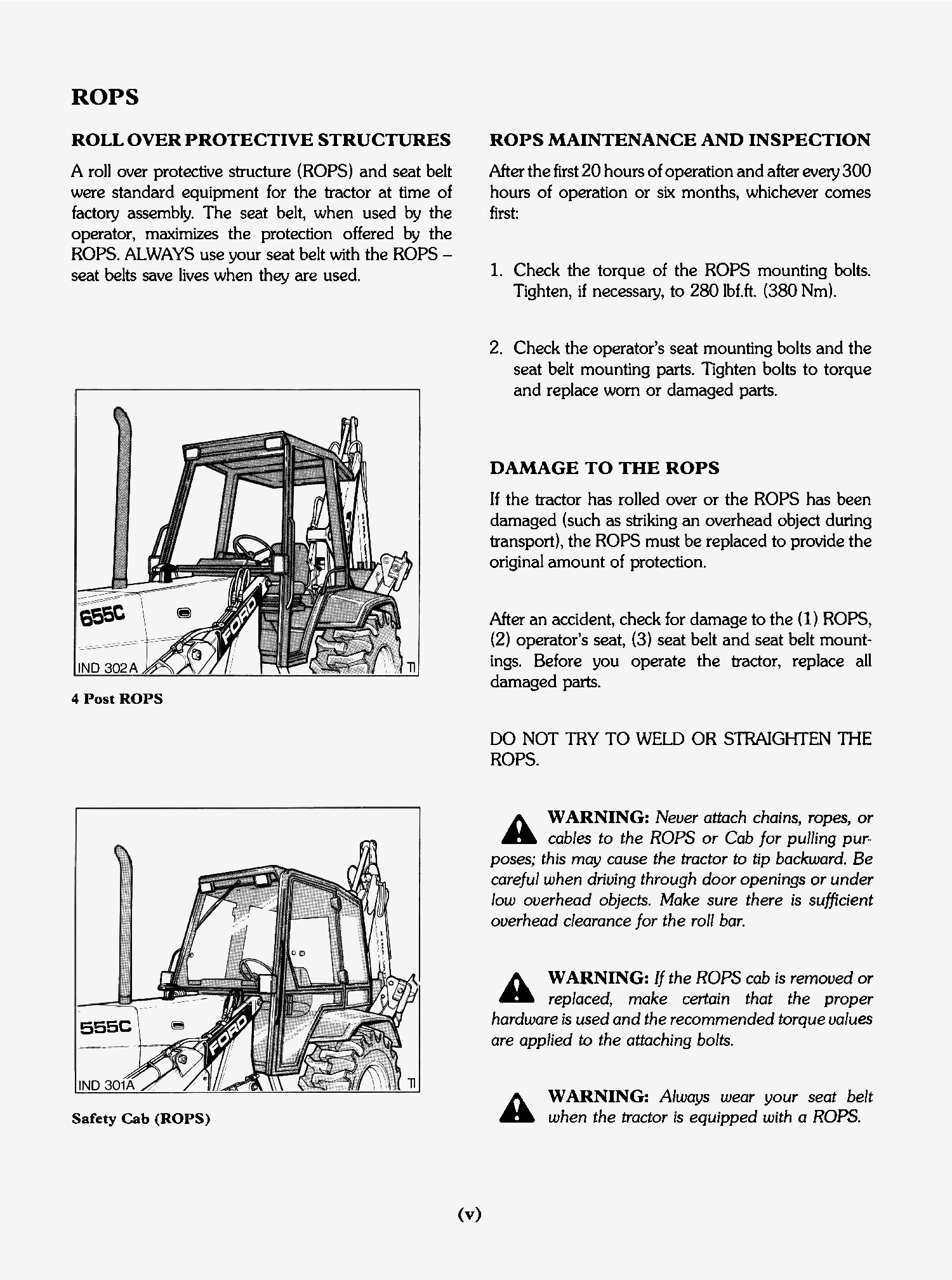Instructions for roll-over protective structures (ROPS) on a tractor, including maintenance and inspection guidelines.