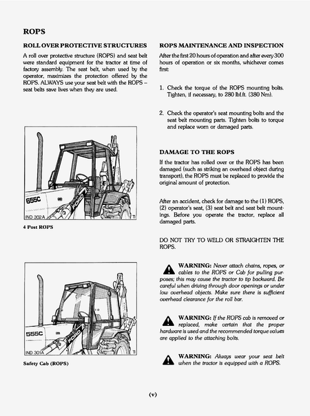 Instructions for roll-over protective structures (ROPS) on a tractor, including maintenance and inspection guidelines.