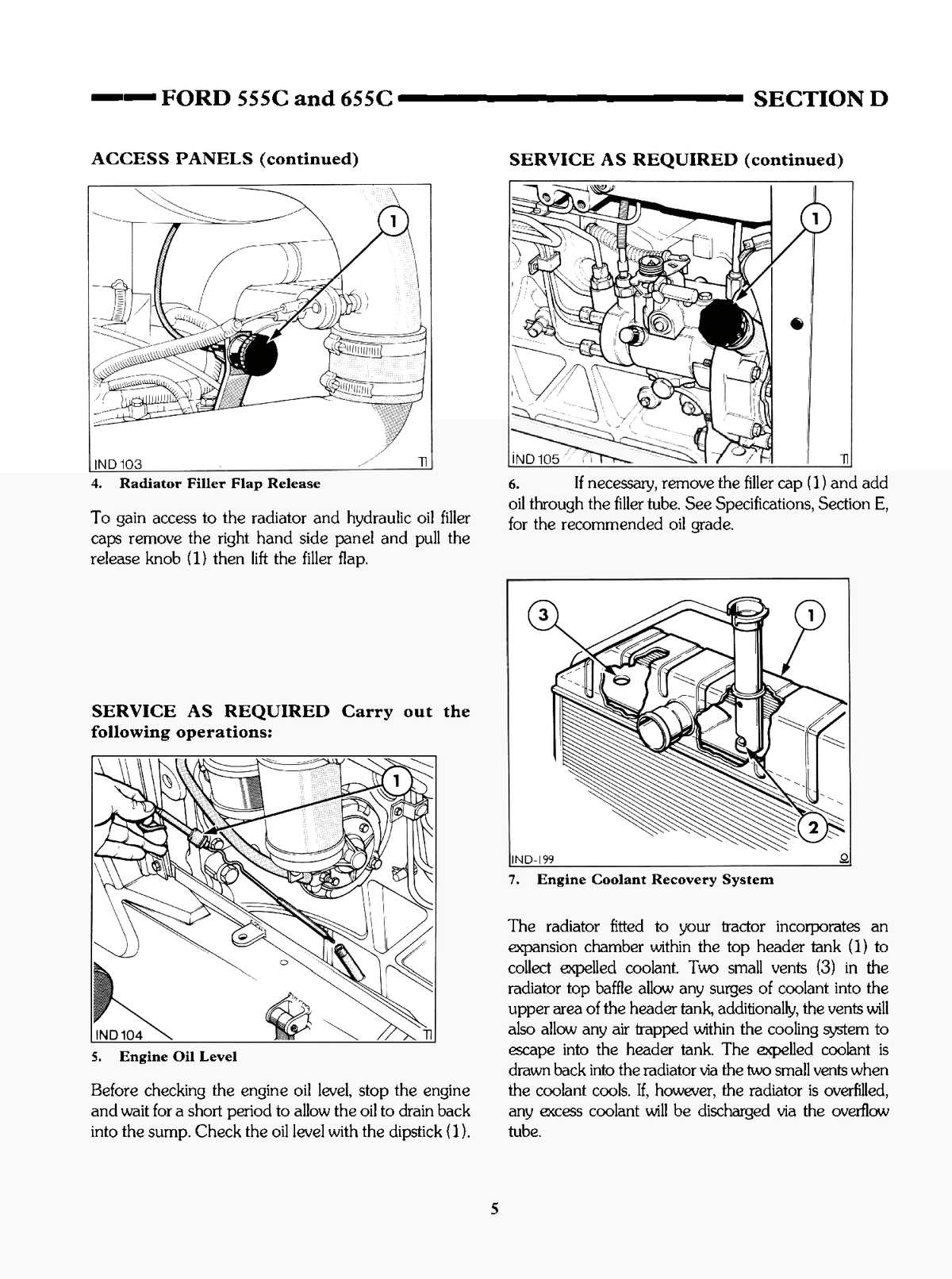 Technical manual page for Ford 555C and 655C with illustrations and text on radiator filter, oil levels, and recovery system.