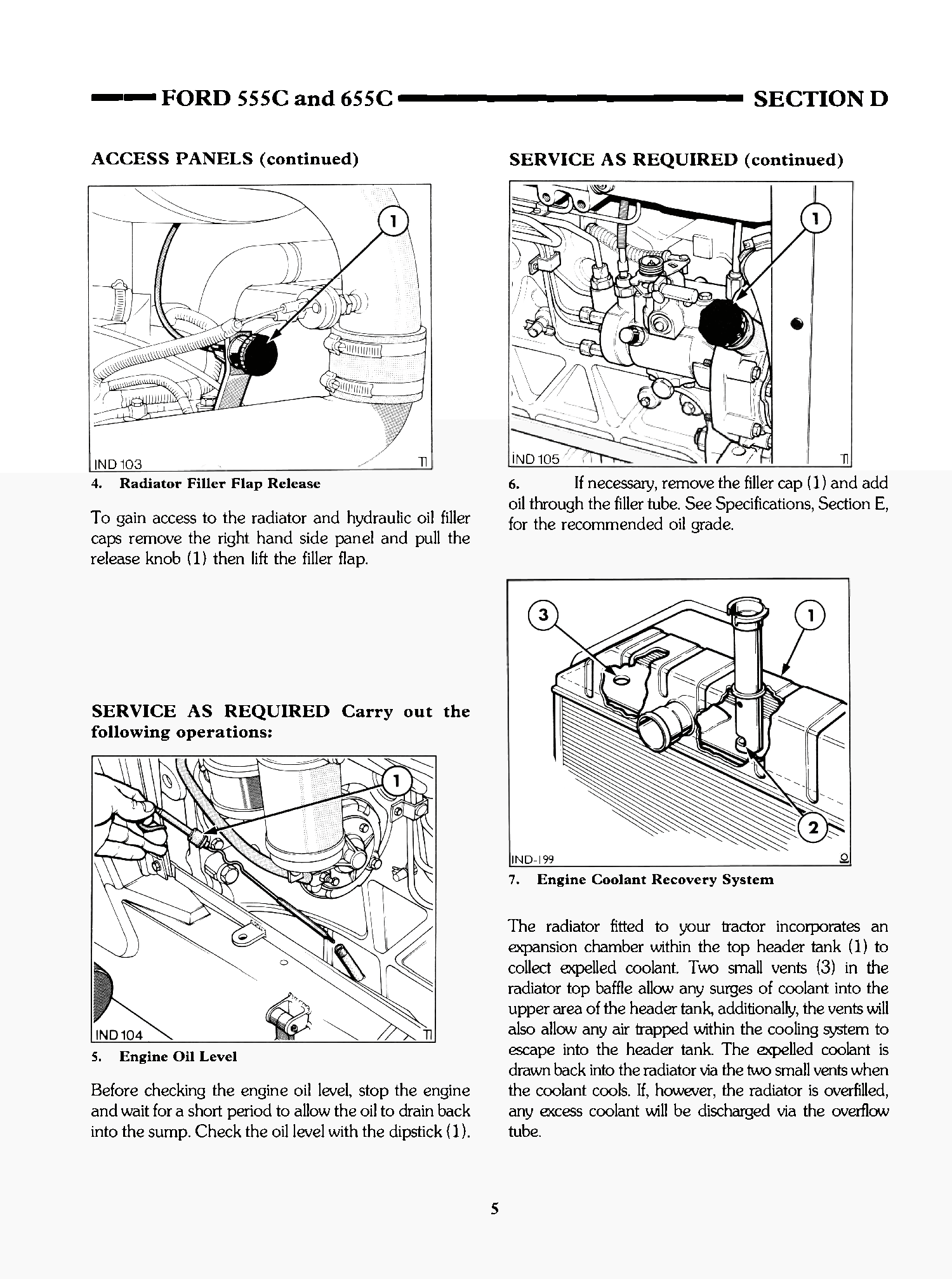 Technical manual page for Ford 555C and 655C with illustrations and text on radiator filter, oil levels, and recovery system.