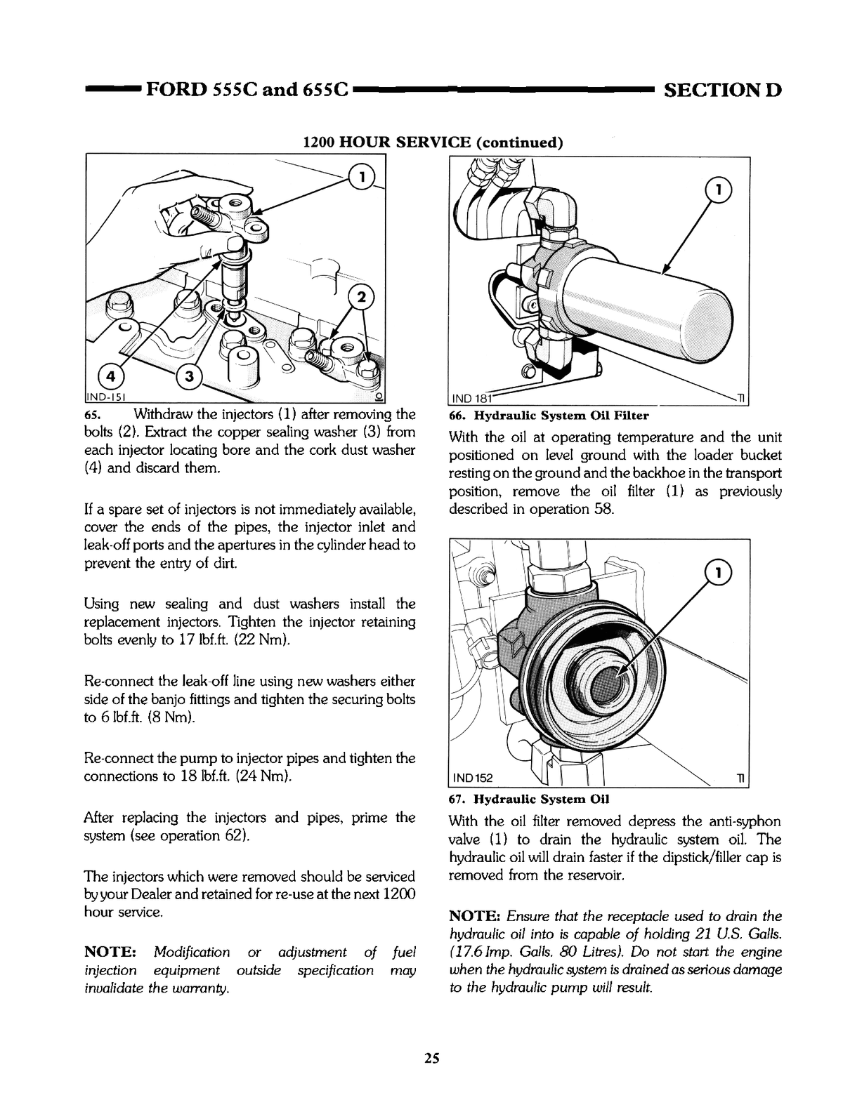 Technical manual page for Ford 555C and 655C with diagrams and text on engine components.