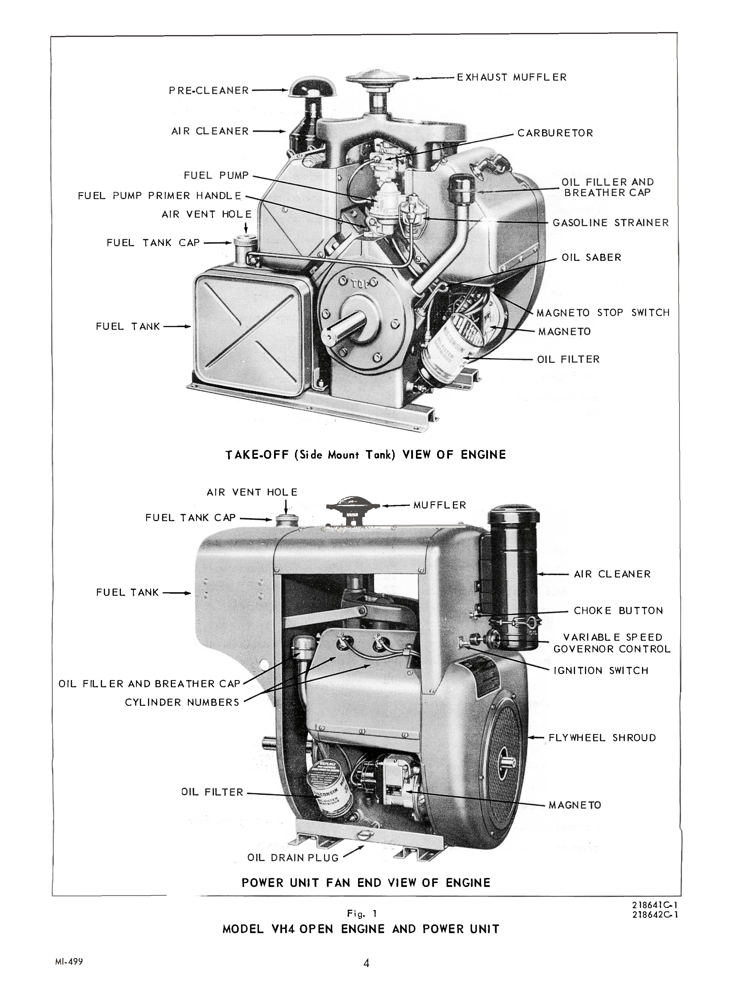 Wisconsin Air-Cooled 4 Cylinder Engines Models VH4 and VH4D - Instruction Book and Parts List