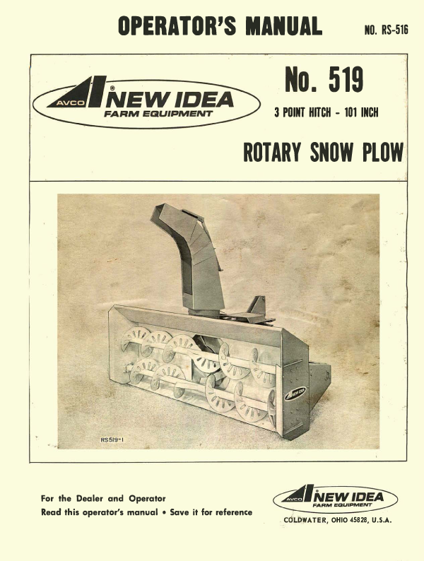 New Idea No. 519 Rotary Snow Plow - Operator's Manual - Ag Manuals - A Provider of Digital Farm Manuals - 1