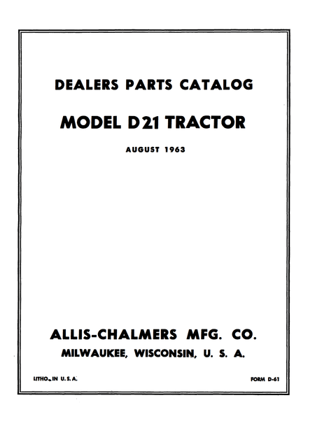 Allis-Chalmers Model D 21 Tractor - Dealers Parts Catalog - Ag Manuals - A Provider of Digital Farm Manuals - 1