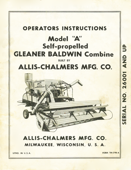 Allis-Chalmers Model A Gleaner Baldwin Combine - Operator's Instructions - Ag Manuals - A Provider of Digital Farm Manuals - 1