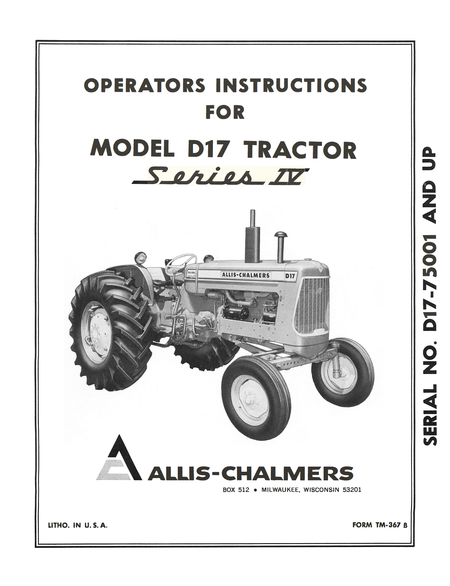 Allis Chalmers Model D17 Tractor Series IV (Series Four) - Operator's Manual - Ag Manuals - A Provider of Digital Farm Manuals - 1