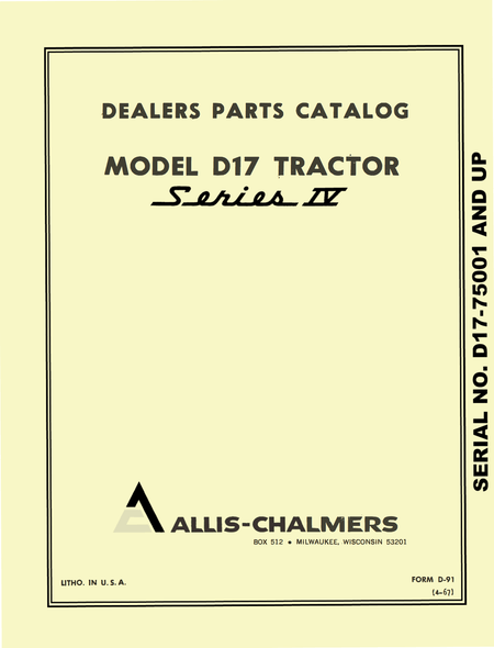 Allis Chalmers Model D17 Tractor Series IV (Series Four) - Parts Catalog - Ag Manuals - A Provider of Digital Farm Manuals - 1