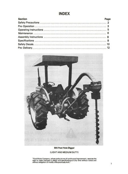 Ford Series 905 Light & Medium Duty Post Hole Digger - Operator's Manual - Ag Manuals - A Provider of Digital Farm Manuals - 2