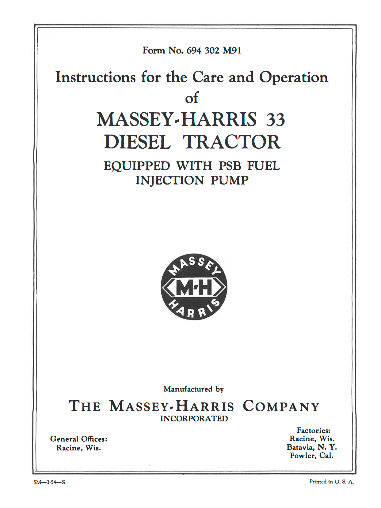Massey Harris 33 Diesel Tractors Instructions for Care and Operation